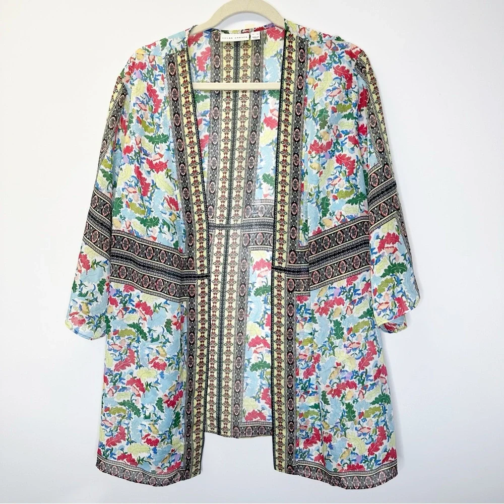 Susan Graver Open Front Kimono Duster Multi color floral size XL